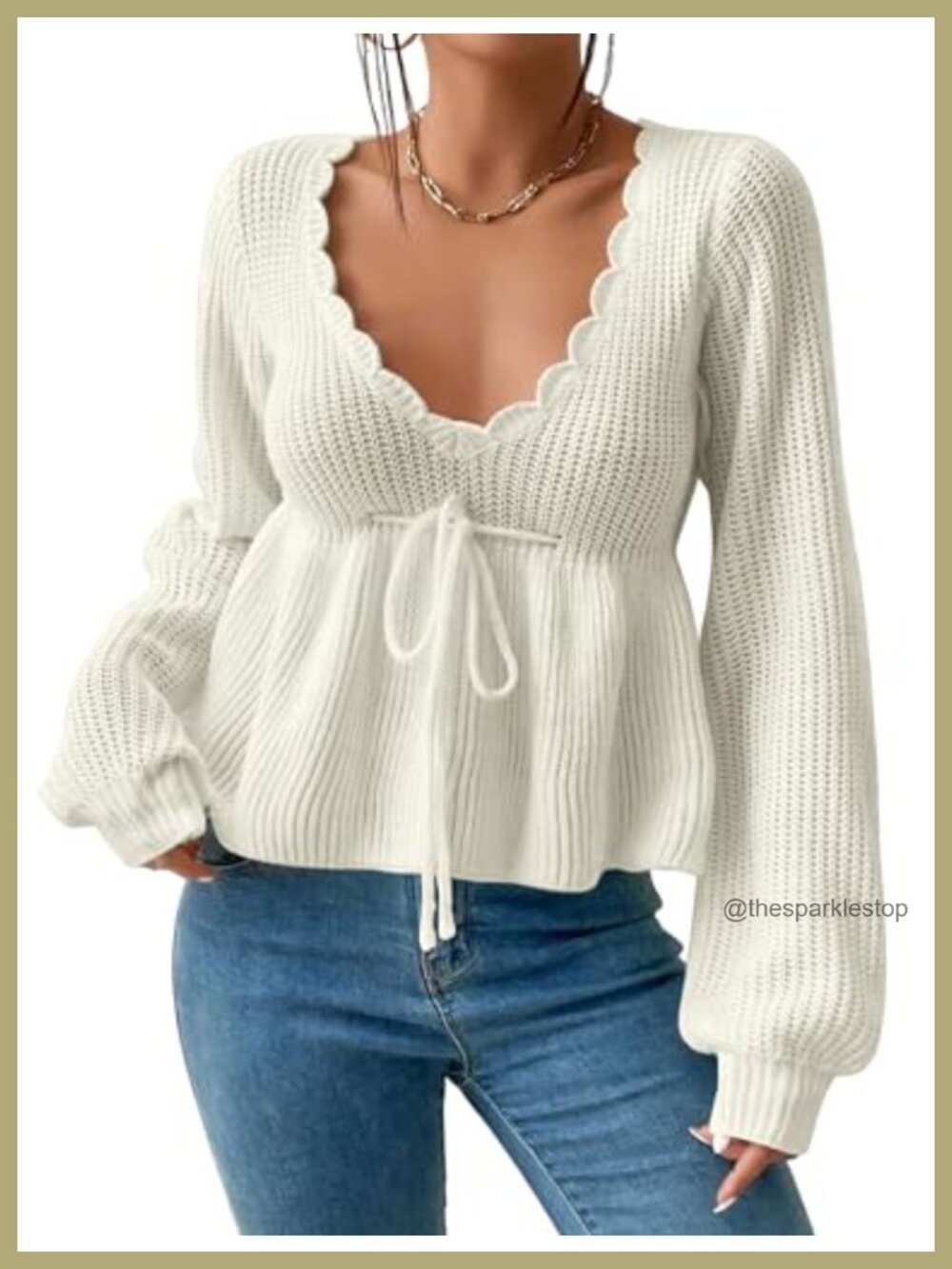 Women's V-Neck Lantern Sleeve Knit Sweater Pullover Top Tie Front Peplum